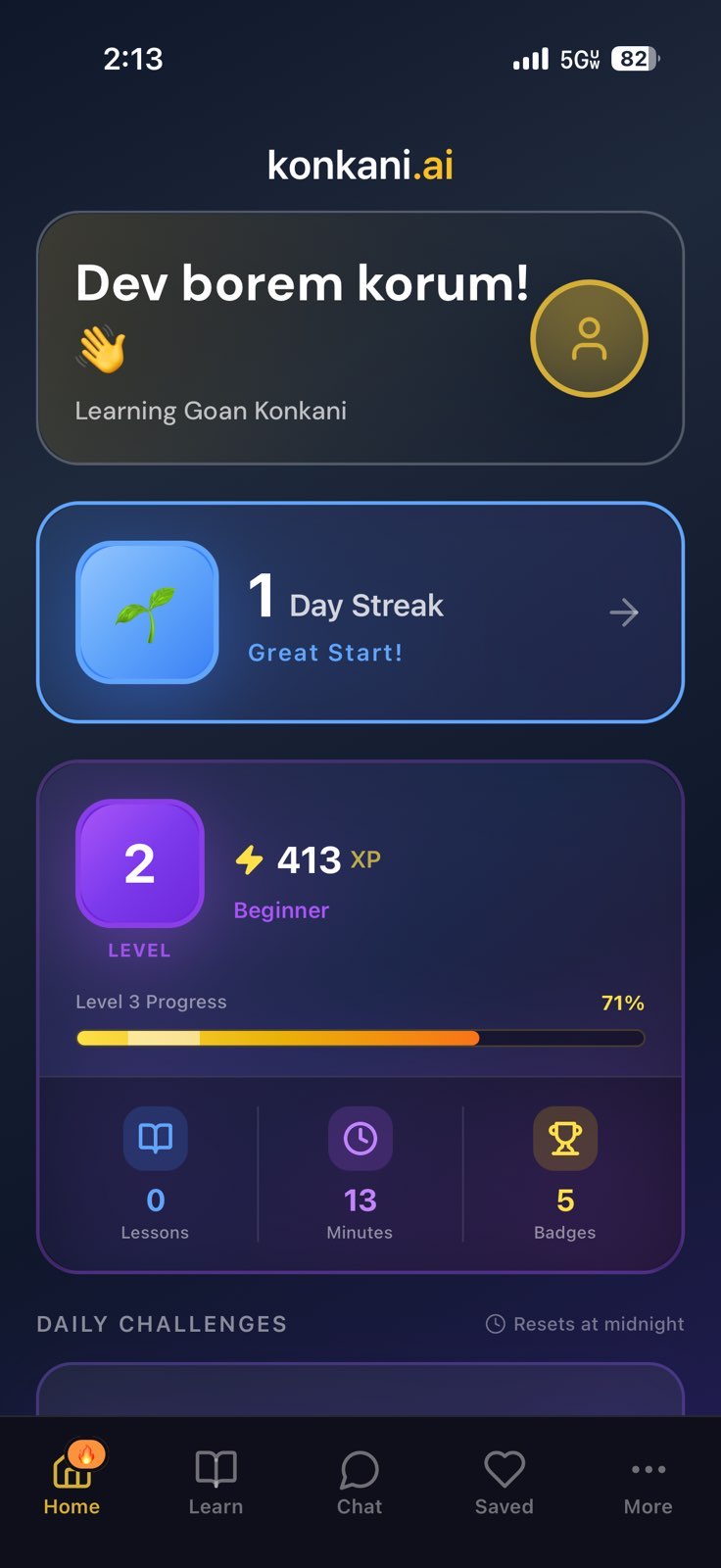 Konkani.ai Home Screen - Track your learning progress